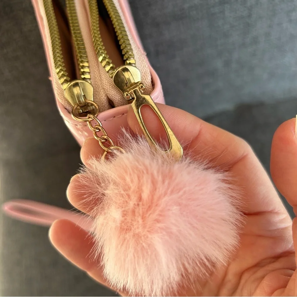 Pink Patent Butterfly Double Zip Around Wallet / Wristlet with Pom Pom Charm